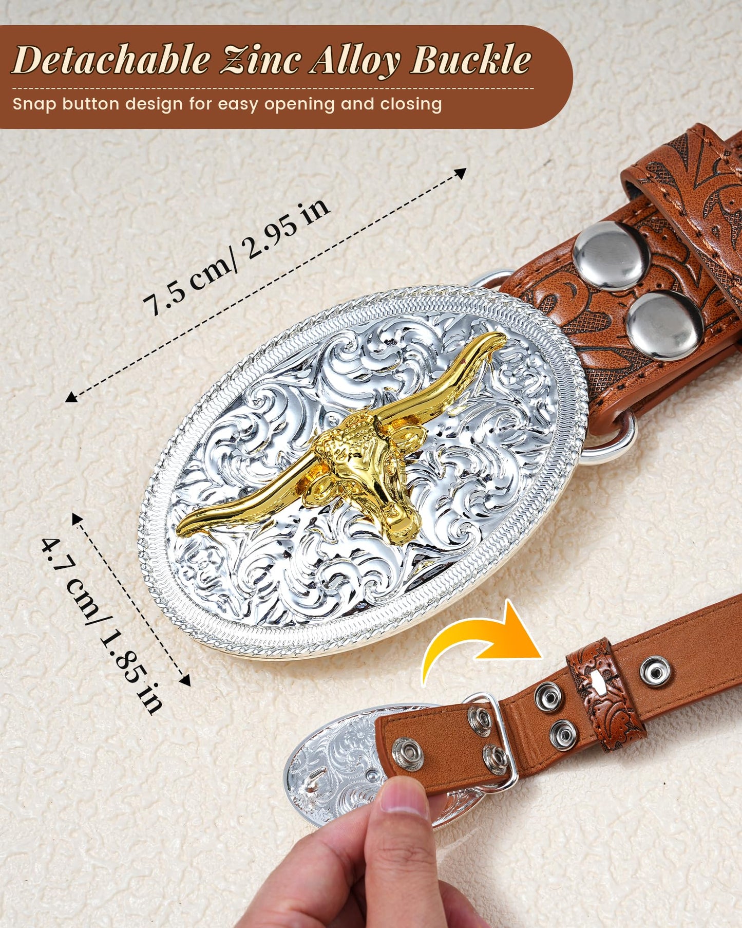 Kajeer Kids Western Belt for Boys Girls, Cowboy Genuine Leather Embossed Western Longhorn Bull Buckle Belts for Jeans (Cow Buckle- brown, for Wasit 21"-26")