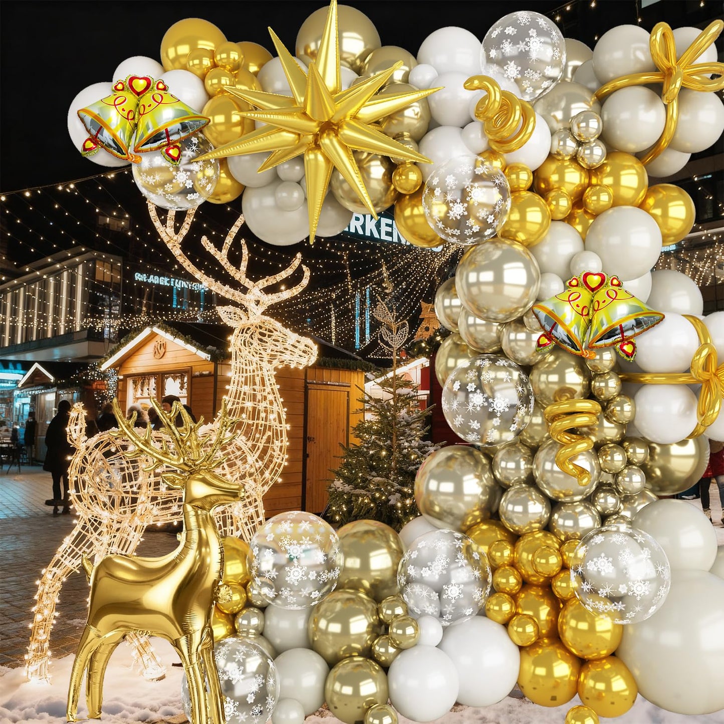 Christmas Party Decorations Xmas Balloon Arch Kit 121pcs White Gold Snowflakes Balloon with Metallic Light Gold Balloons Beige Gold Star Reindeer Deer Bell Foil Christmas Mylar Balloons for New Year