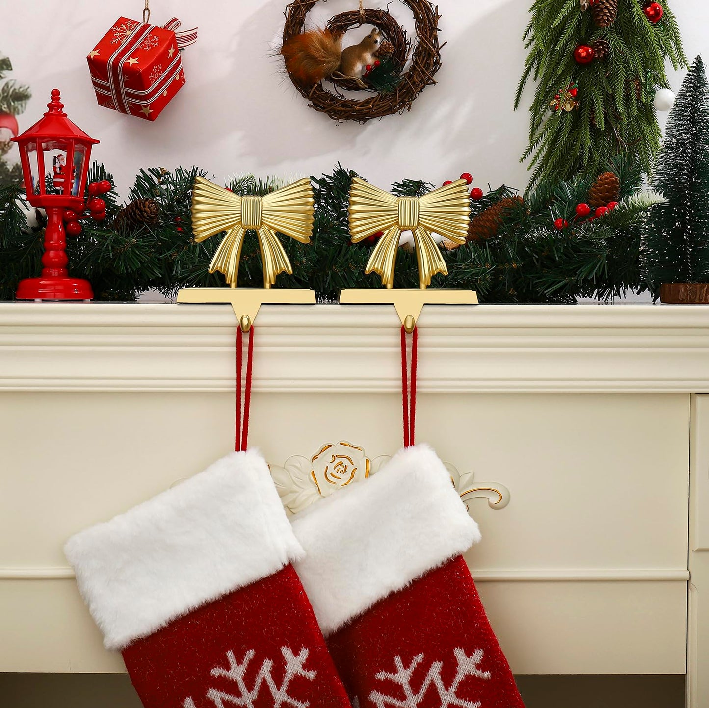 Kersiki Christmas Stocking Holders Set of 2 - Christmas Stocking Holders for Fireplace- Metal Stocking Hanger for Mantel-Stocking Hooks for Christmas Party and Home Decoration (Gold Bowknot)
