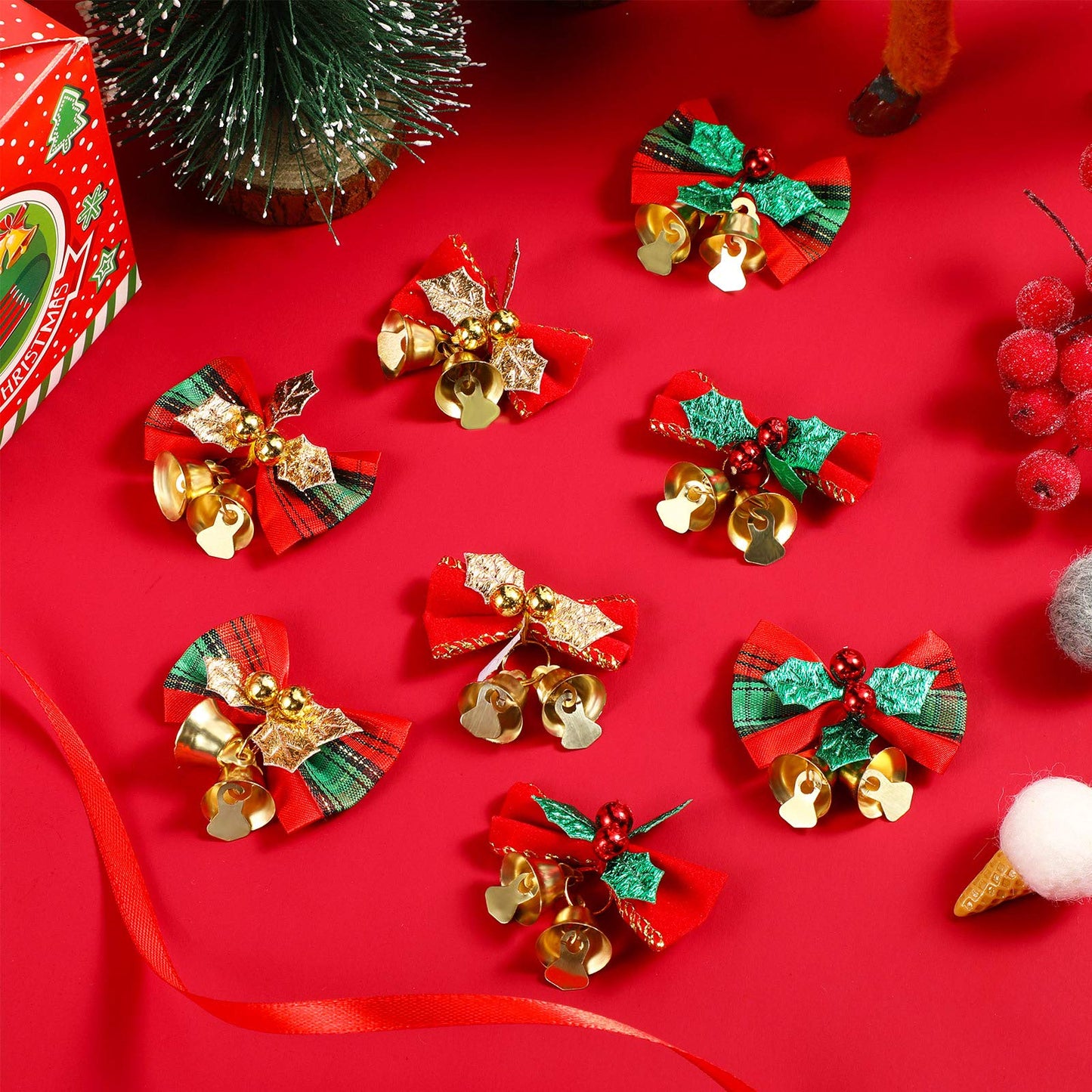 WILLBOND Christmas Mini Bows for Crafts 2" Tiny Christmas Bows for Present with Bells Small Bowknot Ornament DIY Craft for Tree Wreaths Hanging Decor Gift Decorations(40 Pieces)