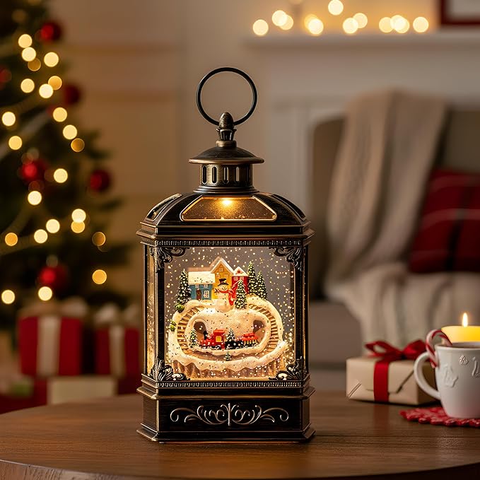 Christmas Snow Globe Lantern Water Glittering Snowman & Train with Music, USB Lined/Battery Operated Lighted Lantern for Christmas Festival Decoration Gifts