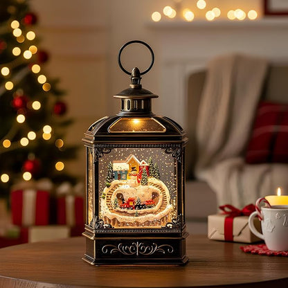 Christmas Snow Globe Lantern Water Glittering Snowman & Train with Music, USB Lined/Battery Operated Lighted Lantern for Christmas Festival Decoration Gifts