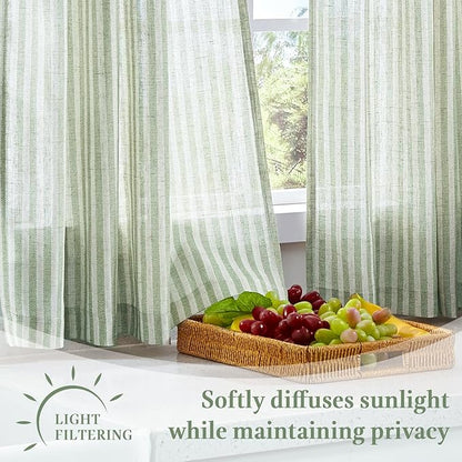 jinchan Striped Linen Kitchen Curtains with Attached Valance 24 Inch Length Cafe Tier Curtains for Living Room Rustic Half Window Light Filtering Rod Pocket Small Drapes 2 Panels Green