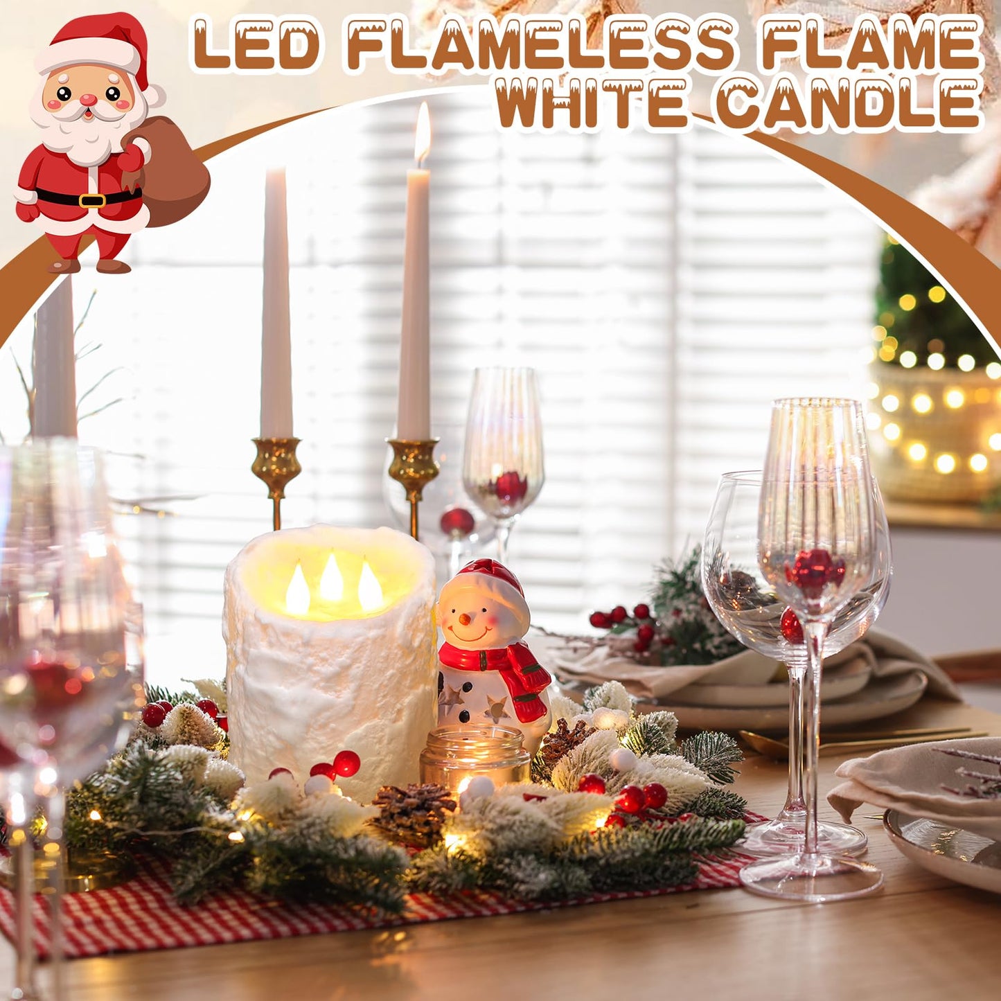 Baquler Large Flameless LED Battery Operated Pillar Candle - 3 Wick 5"x4" Snowy Frosted White Flameless Christmas Fake Candle for Xmas Table Centerpiece Holiday Rustic Indoor Home Decor
