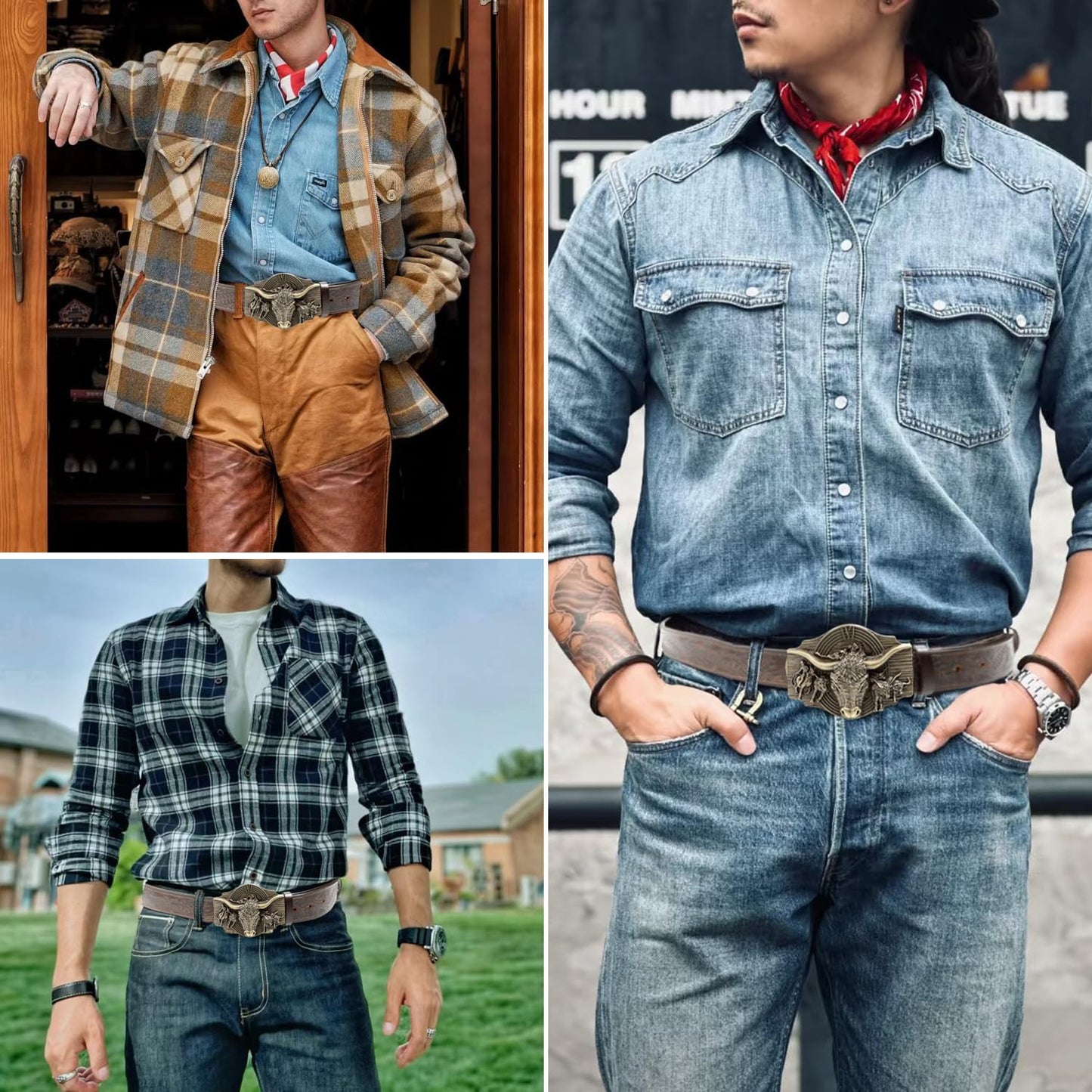 JIMJOY Men's Western Leather Belt Cowboy Belts for Men Big Engraved Buckle Belts