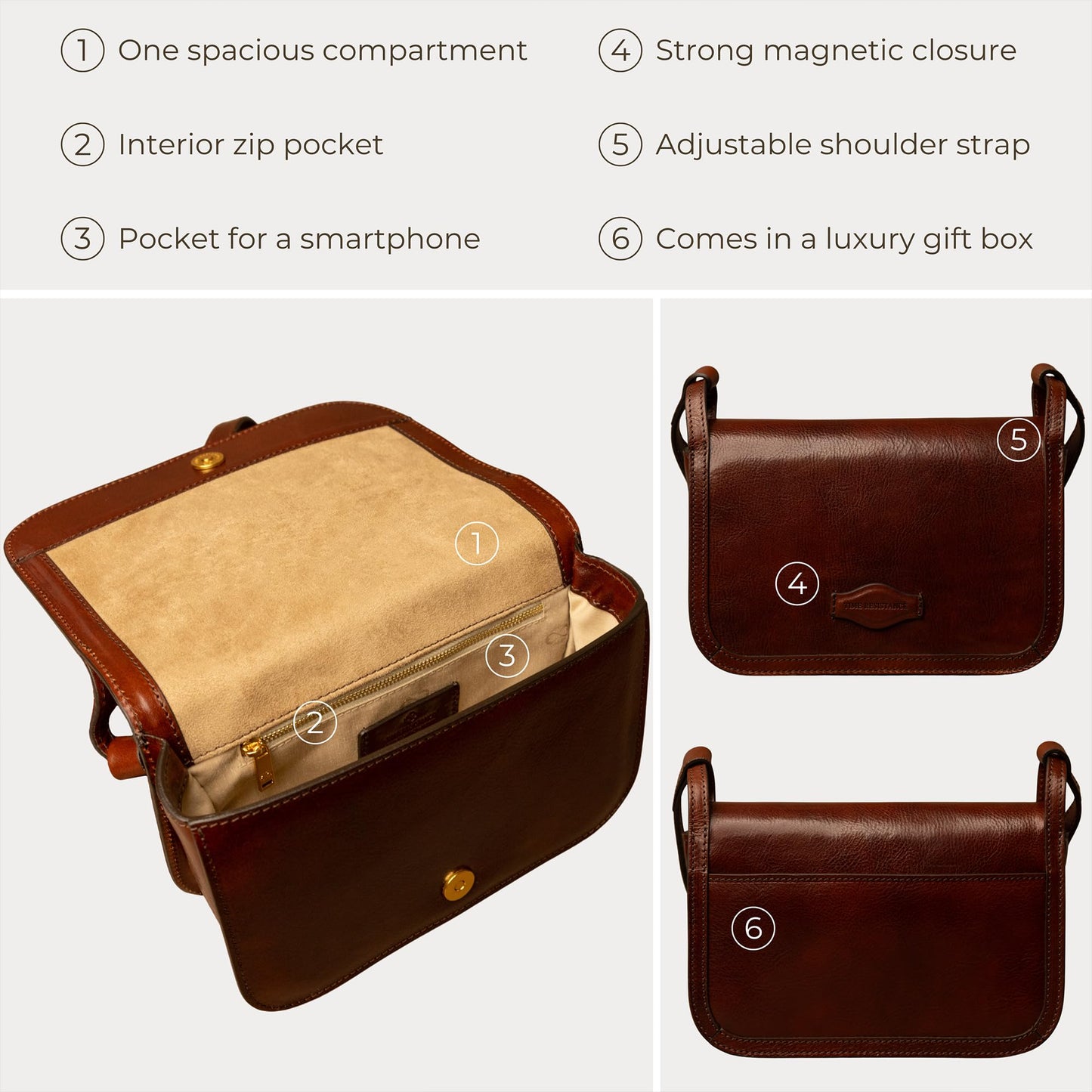 Time Resistance Leather Crossbody Bag – Messenger Bag with Magnetic Closure - Leather Handbag Purse for Women (Brown)