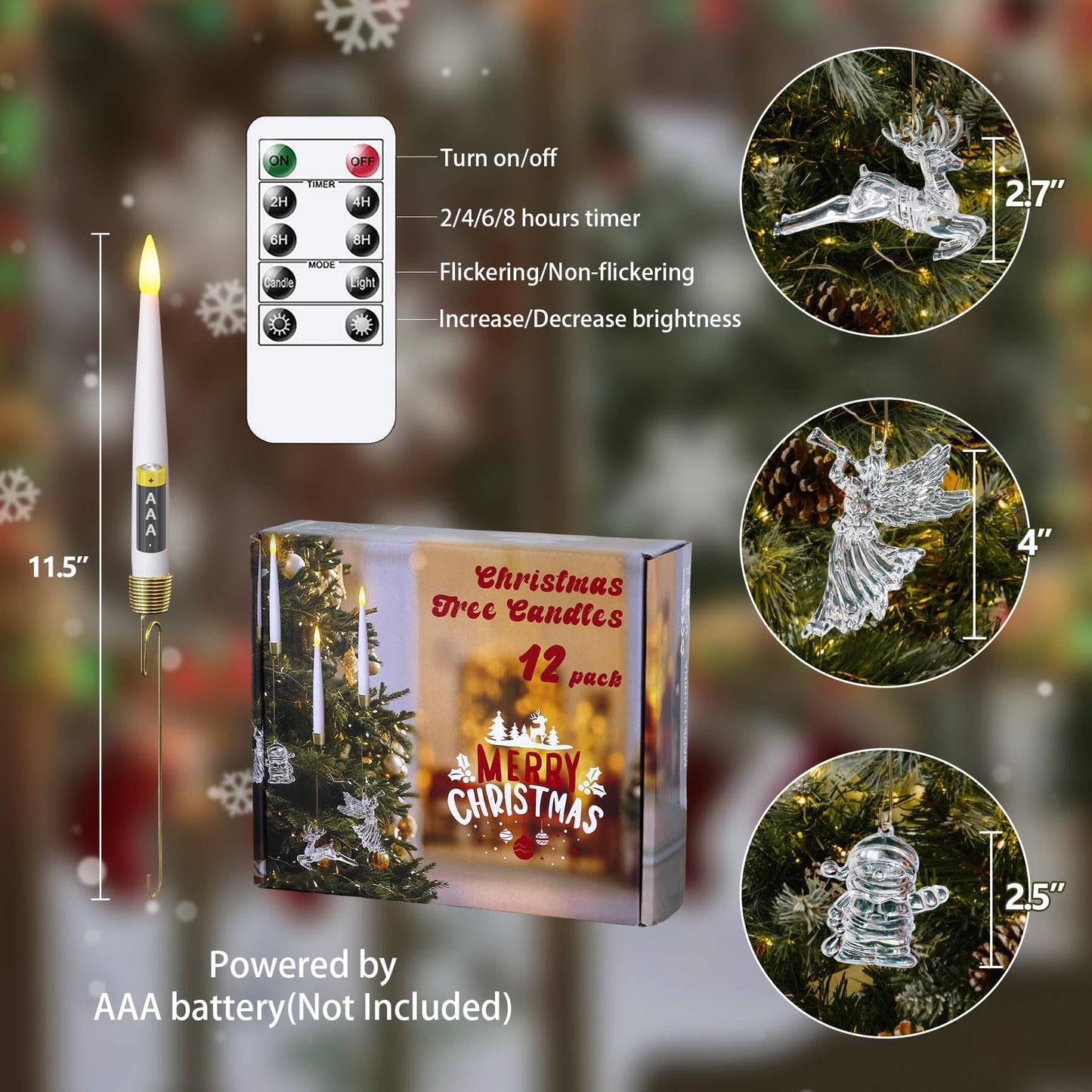 Mavandes LED Taper Candles with Snowman, Reindeer, Fairy Hooks, Remote Timer White 12pcs Plastic Flameless Candlesticks Flickering Battery Operated Warm Light for Home Decor (0.5" x 6")