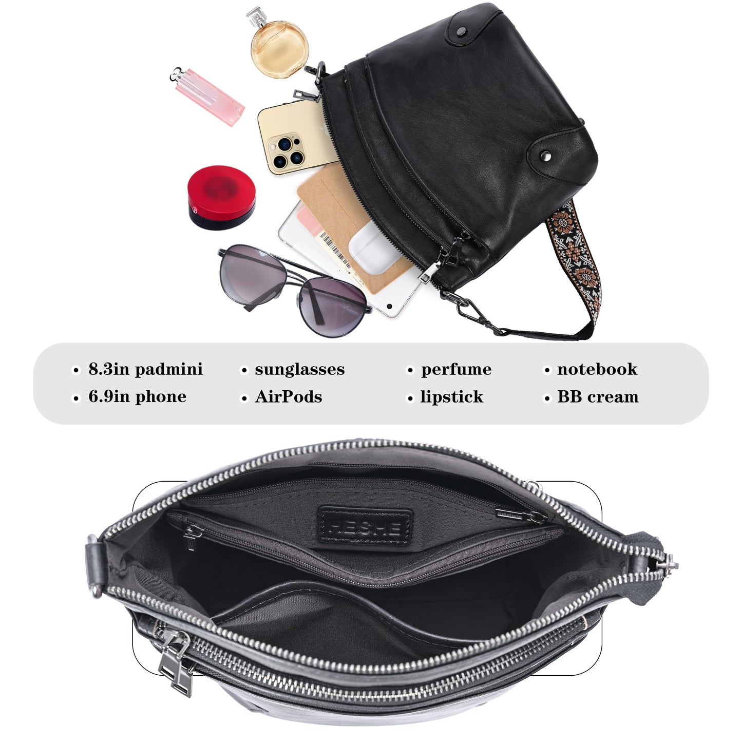 HESHE Crossbody Bags Leather Purses for Women Vintage Shoulder Handbags with Multi Pockets Cross Body Purses for Travel (Black)