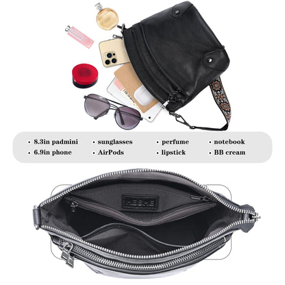 HESHE Crossbody Bags Leather Purses for Women Vintage Shoulder Handbags with Multi Pockets Cross Body Purses for Travel (Black)