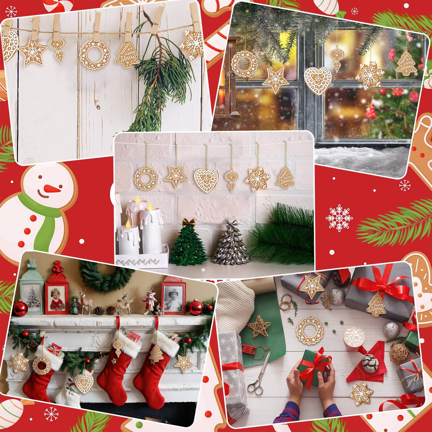 Shellwei 24 Pcs Gingerbread Cookie Ornaments Cookie Christmas Tree Ornaments Bulk Gingerbread Christmas Tree Decorations Rustic Hanging Decor for Xmas Indoor Home