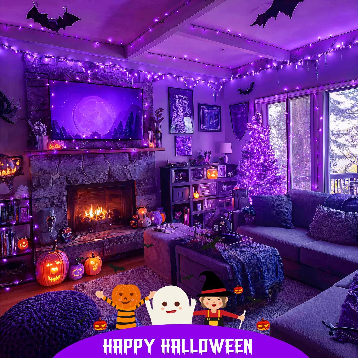 JMEXSUSS Purple Christmas Lights Battery Operated, 2 Pack 100 LED Outdoor Purple String Lights Waterproof, Each 33 FT Christmas Tree Light Indoor for Halloween Decorations Party Porch Garden Decor