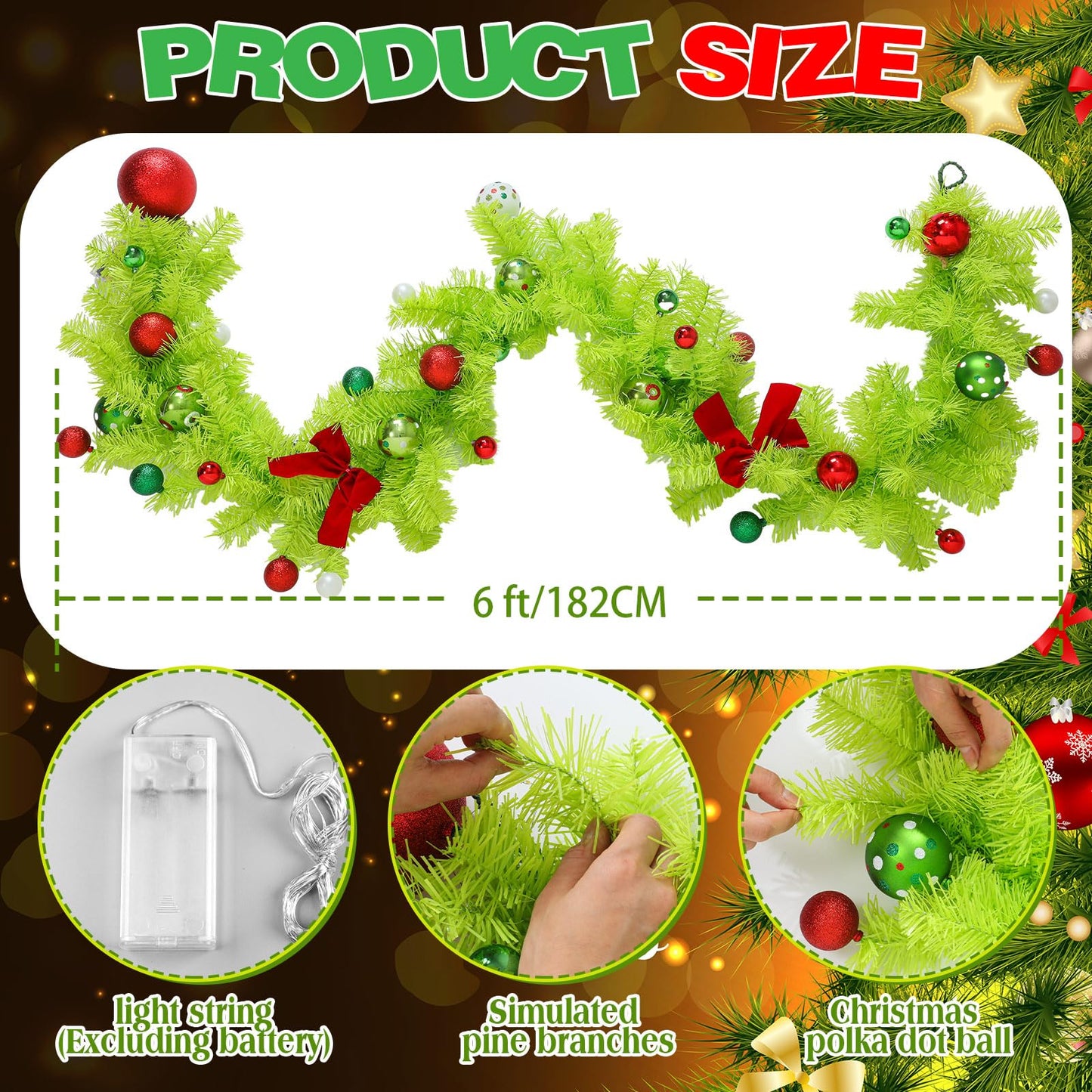 Jutom 6 Feet Christmas Green Garland with Red Green Balls Xmas Tree Winding Garland Artificial Furry Stripe Accessory for Front Door Fireplace Table Centerpiece Outdoor Decor