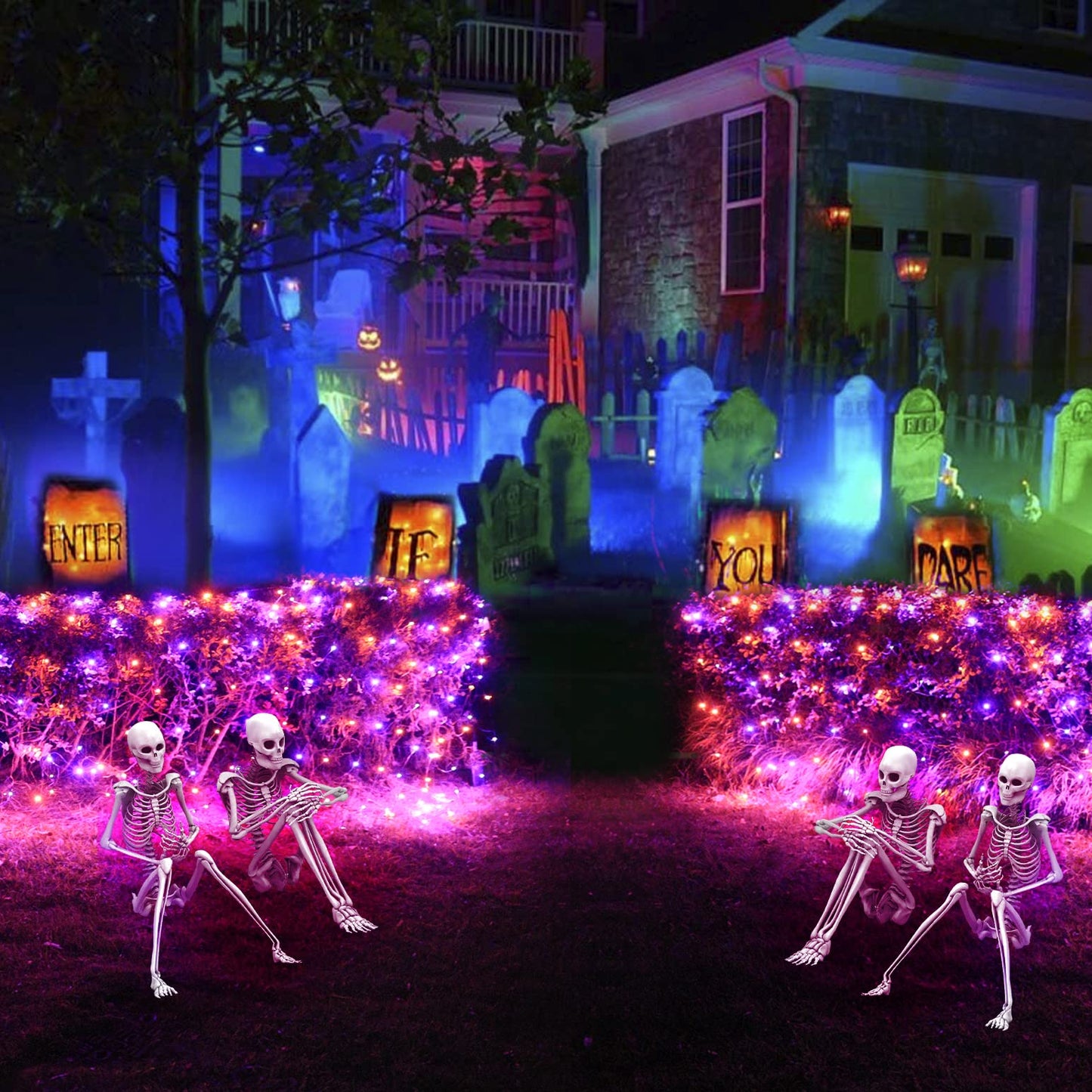 Pooqla 360 LED Halloween Net Lights Outdoor, 21 ft x 5 ft Connectable Mesh String Lights 8 Modes Waterproof Plug in for Halloween Decoration Bushes Yard Garden Party, Orange and Purple