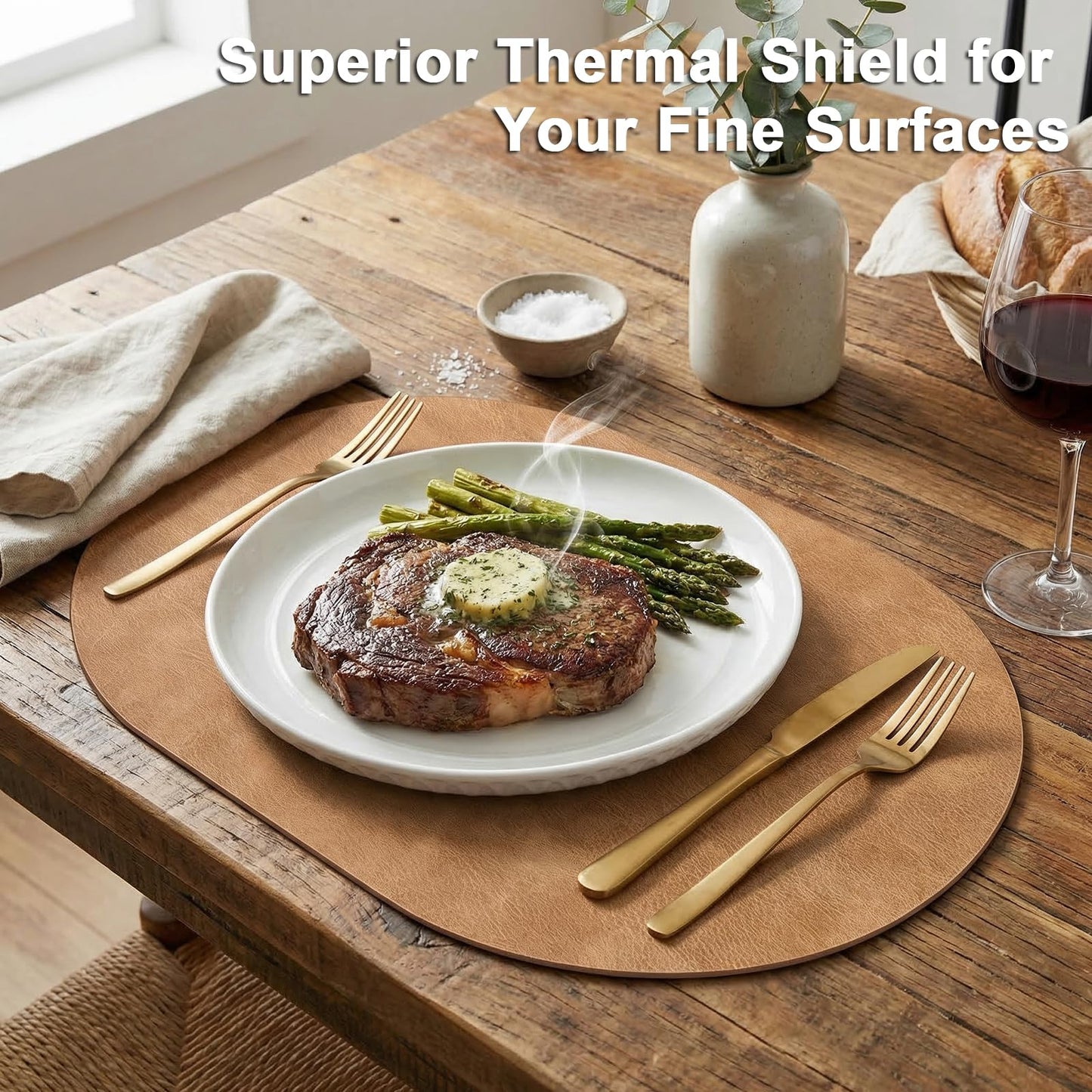 BIPASION Oval Placemats 2mm Ultra Thick Faux Leather Table Mats, Heat Resistant Waterproof Wipeable Dining Mats for Kitchen Table, Set of 6, Soft Apricot