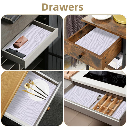 Shelf Liners for Kitchen Cabinets 12in x 30FT, Non Adhesive Cabinet Liner Strong Non-Slip Thickened Silver Geometric Easy to Clean for Shelf, Cabinet, Refrigerator with Knife and Tape Measure