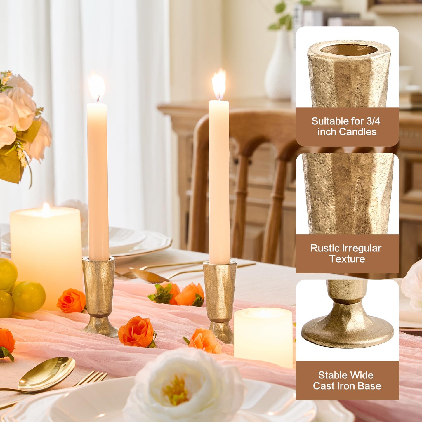Cast Iron Taper Candle Holder Set of 2, Antique Brass Candlestick Holders Decorative Candle Stand, Tapered Candle Holders Tall Set for Wedding, Holiday, Home Decor, Christmas Decoration (Gold)