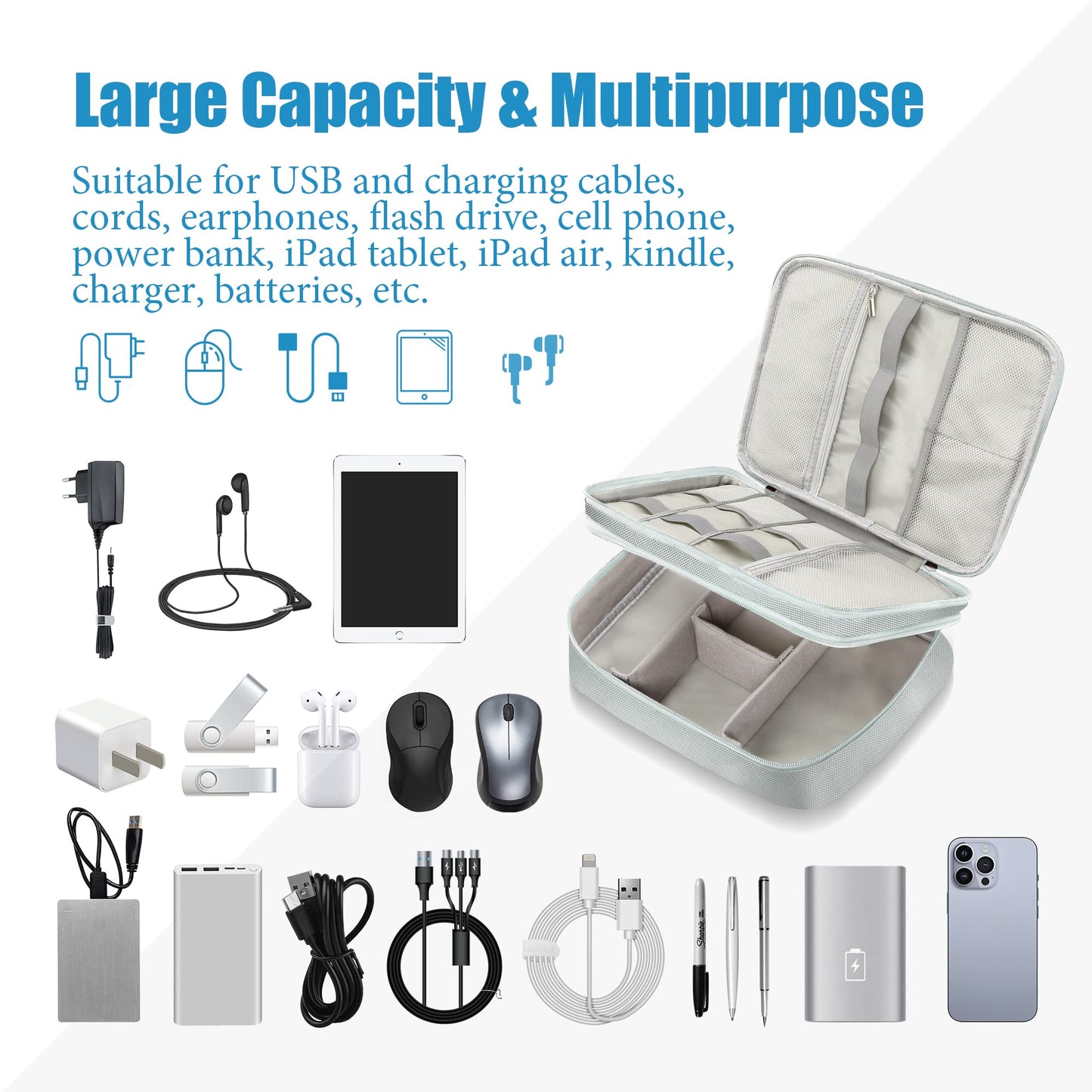 SELLYFELLY Electronics Travel Organizer, Double Layer Cable Organizer Bag Watreproof Electronics Accessories Storage Bag for Cord, Charger, Phone, Power Bank, Hard Drive