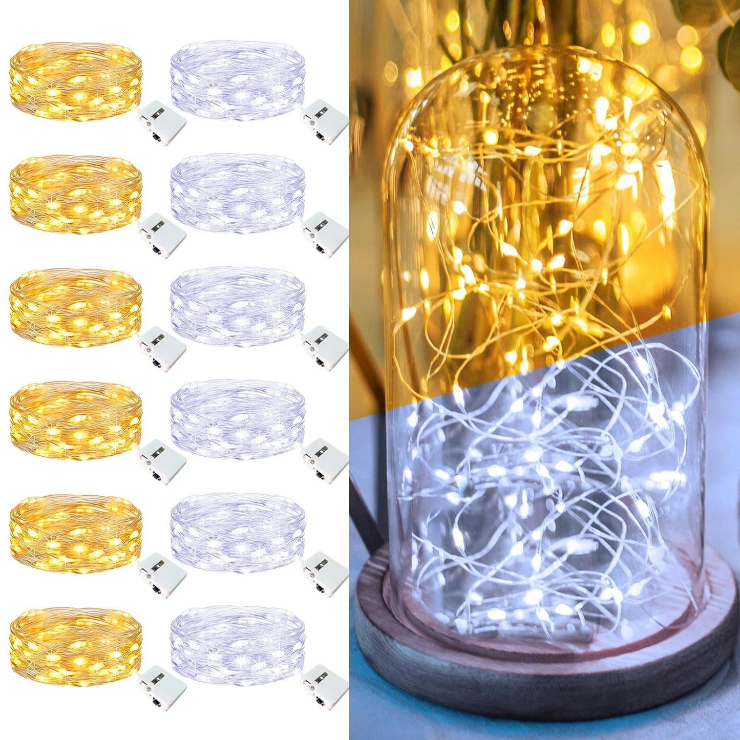 Fairdeer 12 Pack Fairy Lights Battery Operated - 7ft 20 Led Twinkle Lights 3 Modes, Bulk Mini String Lights Waterproof for Mason Jars Vases DIY Party Wedding -Warm White & Cold White