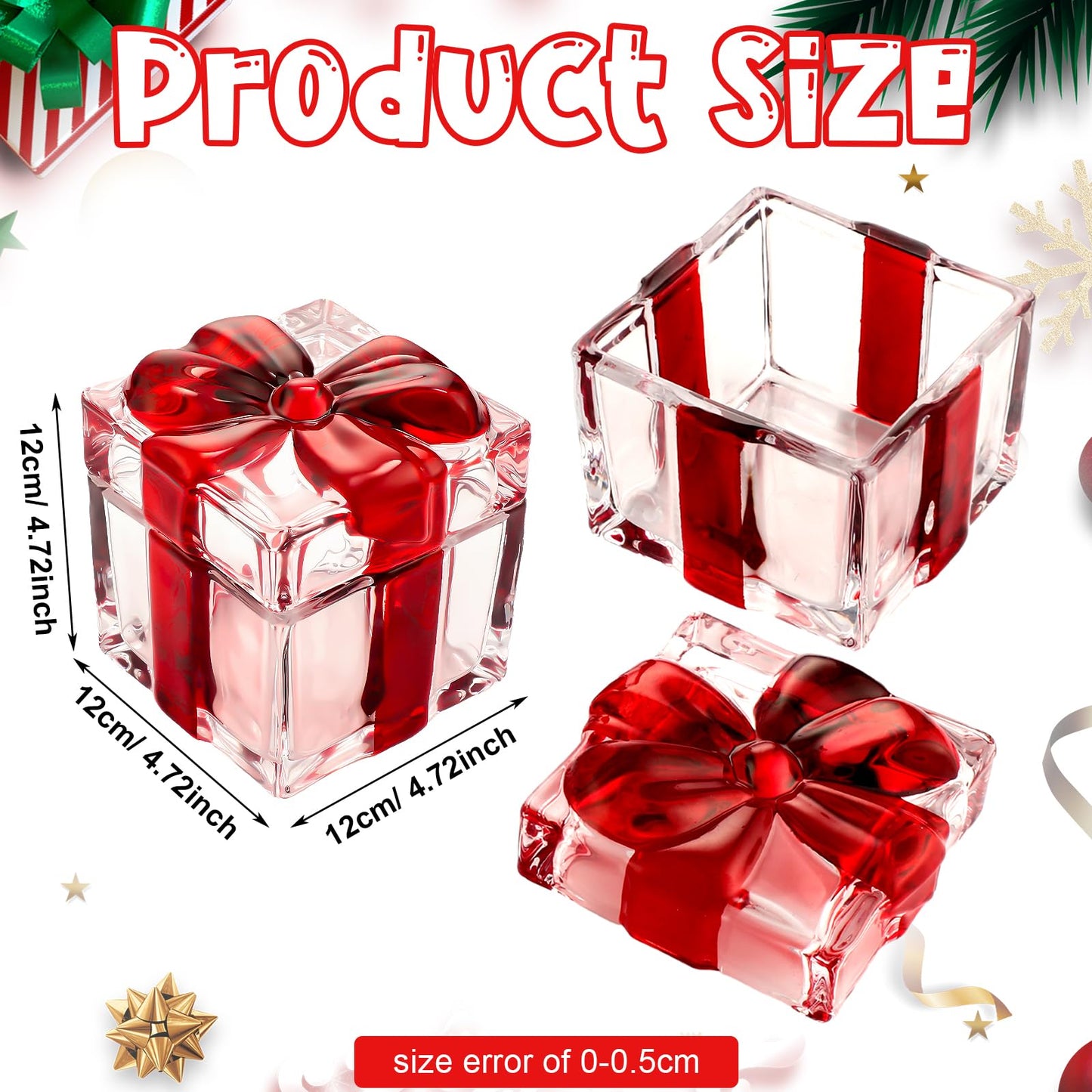Suttmin 2 Pcs Peppermint Candy Christmas Dishes 4. 7" Crystal Box Glass Jar with Lid Red and White Dish Christmas Gift Dishes Xmas Square Sugar Bowl for Xmas Peppermint Candy Party Supply