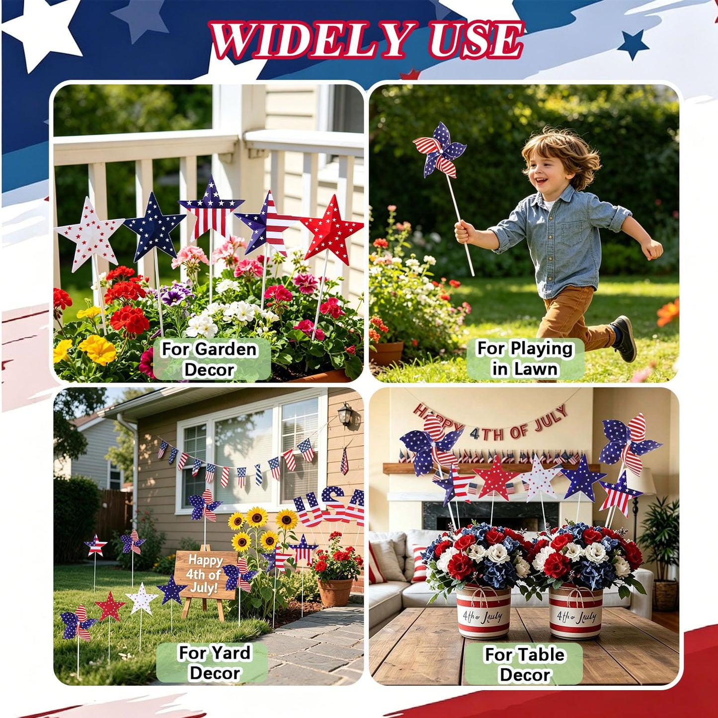 Nalanzhou 13Pcs 4th of July Outdoor Decoration Garden Stakes, 250th Patriotic Plastic USA Shape Yard Signs, Red White Blue Star Planter Stakes Pinwheels for Independence Day Memorial Day Anniversary