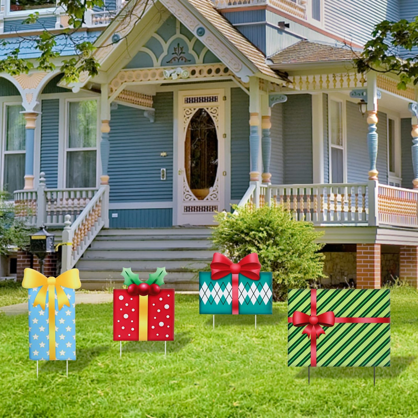 Christmas Yard Sign Decorations Outdoor Christmas Four Gift Boxes Yard Signs with Metal Stakes for Xmas Holiday Party Lawn Sign Garden Decor Outdoor Yard Signs