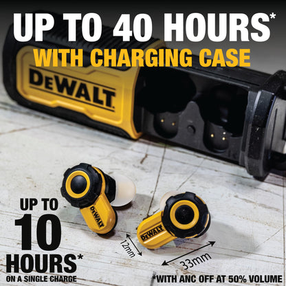 DEWALT Heavy Duty Bluetooth Jobsite Pro X2 ANC True Wireless Earbuds, Active Noise Cancelling Work Earbuds, Turn Dial Controls, 10Hr Runtime (40+ w/Case), 4 EQ Modes, IP54
