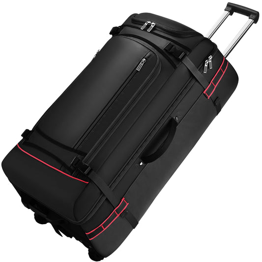 100L Extra Large Rolling Duffel Bag with Wheels and Handle – 33" Heavy-Duty 1600D PVC Checked Luggage for Business Travel and Men’s Week-Long Trips, Foldable Base Design