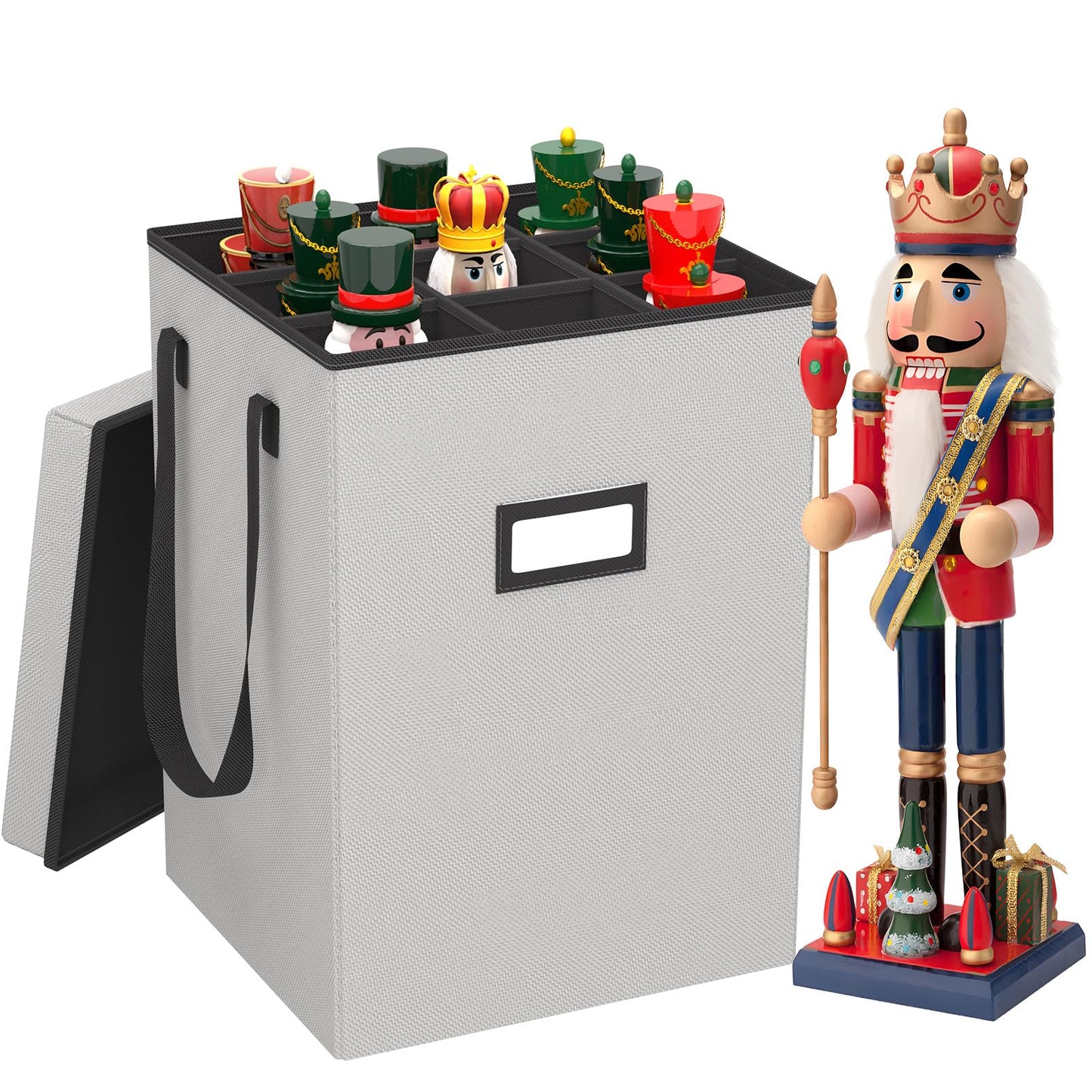 Christmas Nutcracker and Figurine Collectible Storage Box, Christmas Storage Box Ornaments up to 9-16" , Holiday Christmas Decor Organizer with Adjustable Dividers, Nutcracker not Included(Gray)