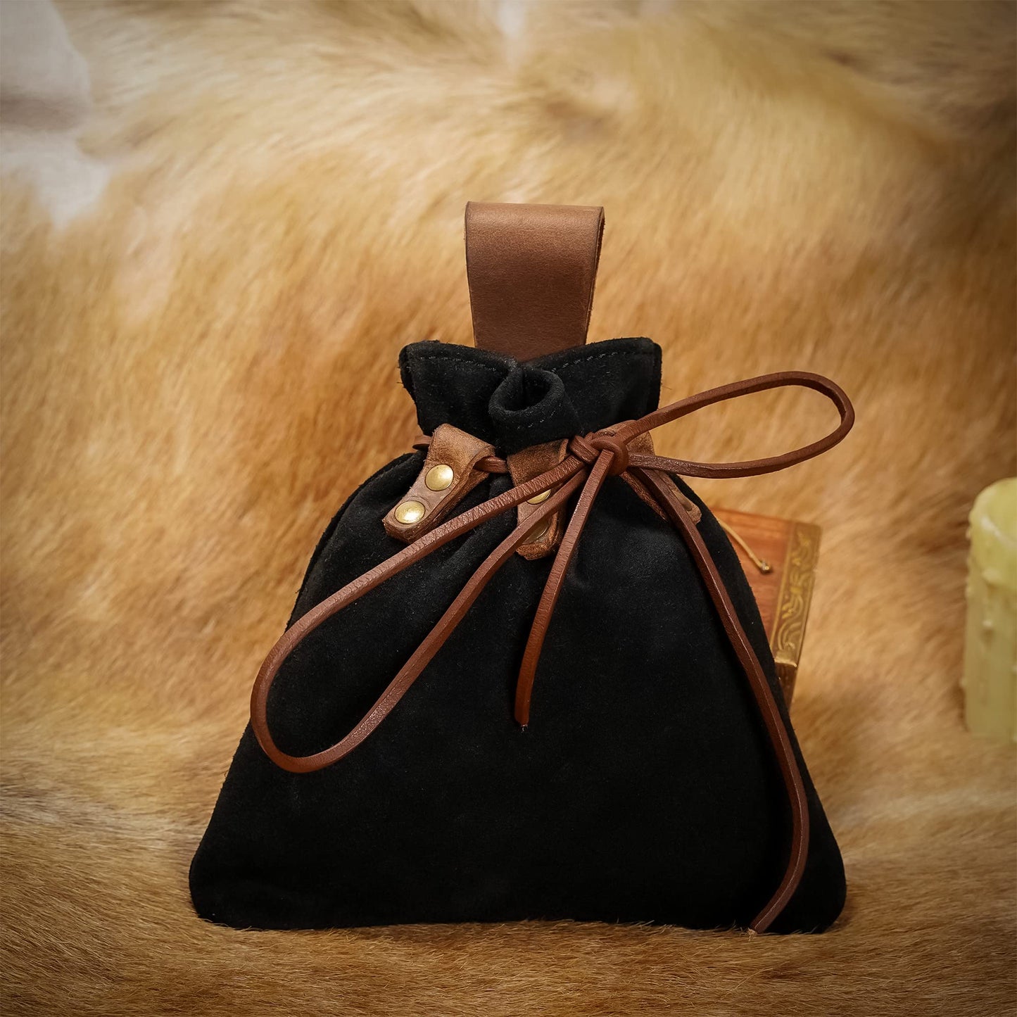 Lord of Battles Medieval Drawstring Bag Viking Style Renaissance Costume Leather Purse Coin Pouch Waist Bag for LARP, Renfaire, Cosplay, Reenactment (Suede Leather Pouch, Black)