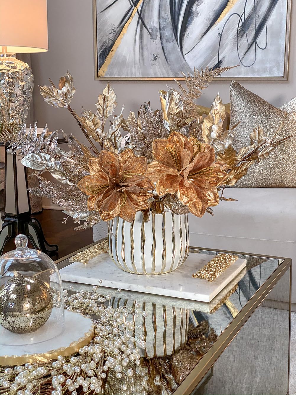 Briful 3PCS Christmas Glitter Poinsettia Flowers 3 Heads Large Artificial Amaryllis Floral Picks 24 Inch Long Stem Fake Flowers Ornaments for Christmas Tree Vase Table Centerpiece Decor (Bronze)