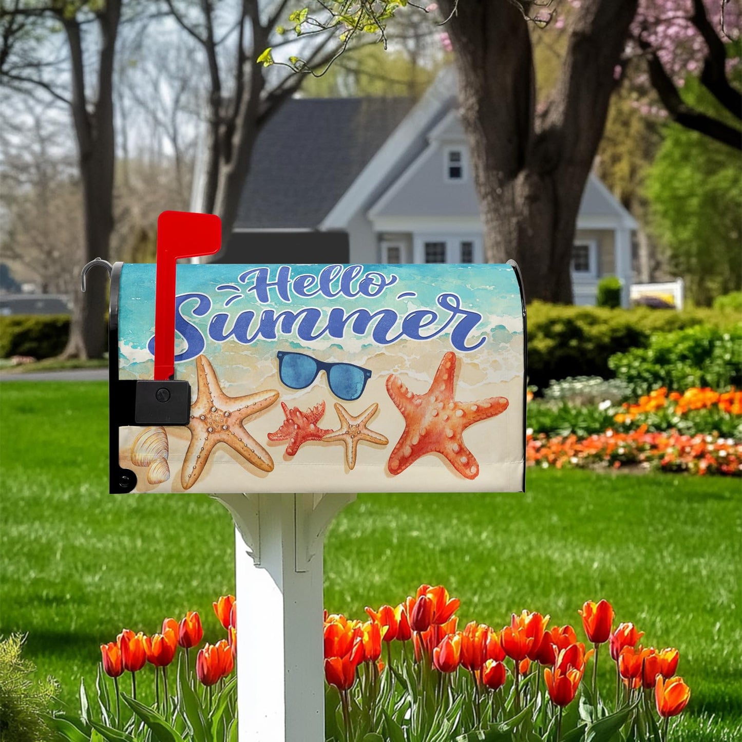 VentuCoven Hello Summer Mailbox Cover Beach Starfish Mail Box Covers Magnetic Standard Size Sunglasses Post Letter Box Cover Wrap 21x18 inch Mailbox Decorations for Outside Garden Yard