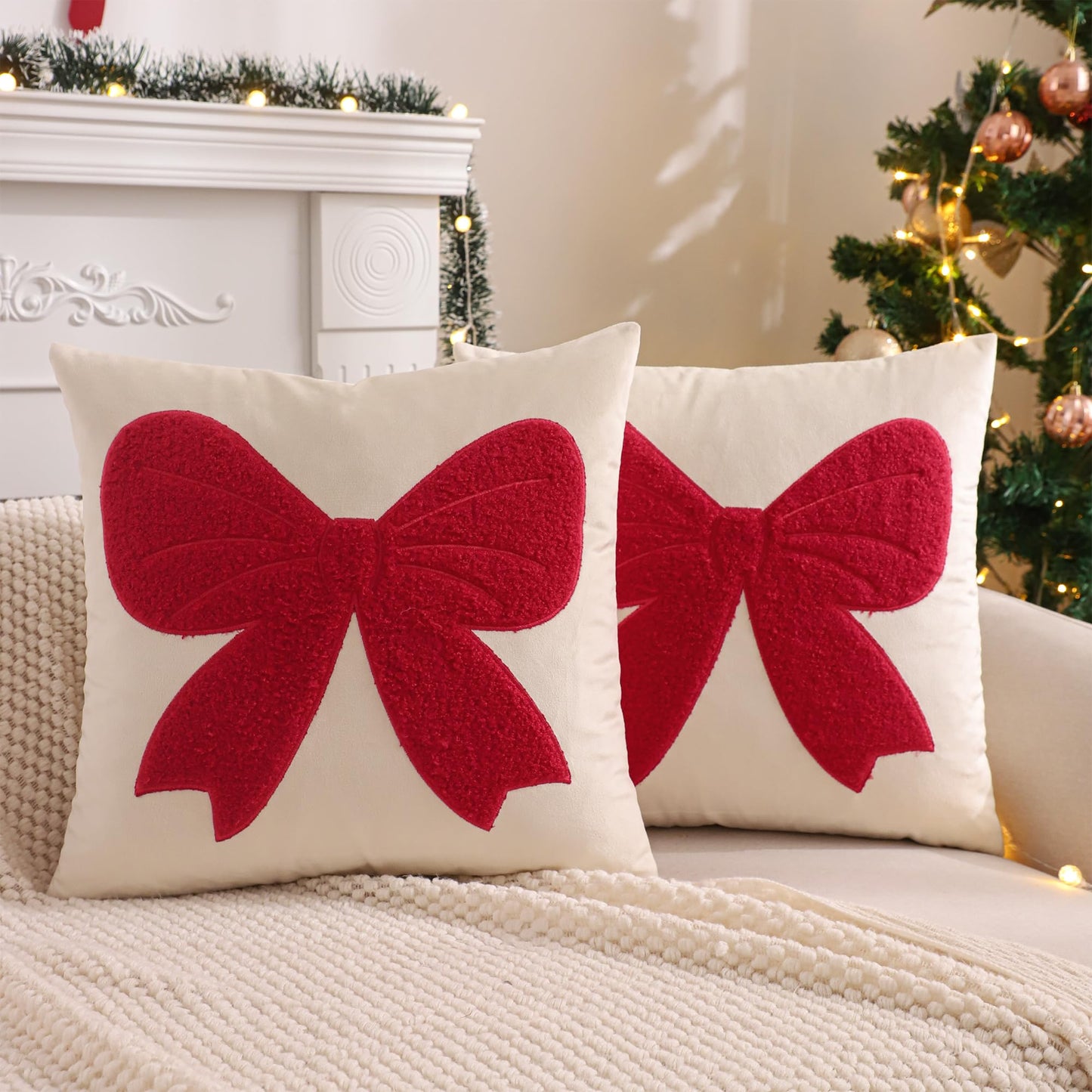 Tosleo Red Bow Pillow Covers 18 x 18 inch Set of 2 Velvet Embroidery Throw Pillow Cover Merry Xmas Party Decor Pillowcase Winter Holiday Cushion Case