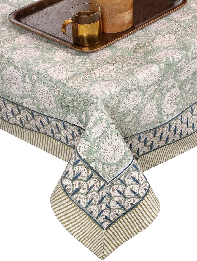 ATOSII Jade 100% Cotton Boho Rectangle Summer Tablecloth, Block Print Floral Table Cloth Linen for Dining, Parties, Weddings, Outdoors Table Decor I 60 X 90 Inches I 6 Seater I