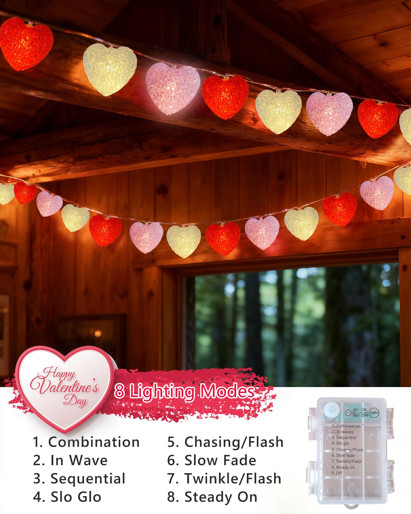 Valentine Lights Indoor 7Ft 10 LED Red White and Pink Heart Shaped String Lights with Timer & 8 Modes, Valentines Heart Light Battery Operated for Home Porch Wedding Christmas Valentine's Day Decor