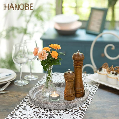 Hanobe Rustic Wooden Serving Tray Set of 2 Round Wood Butler Decorative Tray Whitewash Centerpiece Candle Holder Trays Farmhouse Ottoman Tray for Decor Kitchen Counter Home Decor for Coffee Table