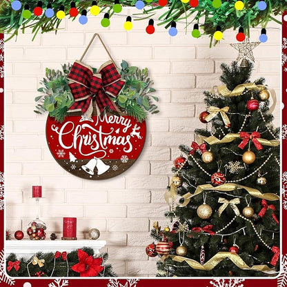 Boao Christmas Door Decorations Wooden Merry Christmas Welcome Front Door Sign Hanger with Red Buffalo Plaid Bow Xmas Wreaths for Outdoor Porch Farmhouse Decor