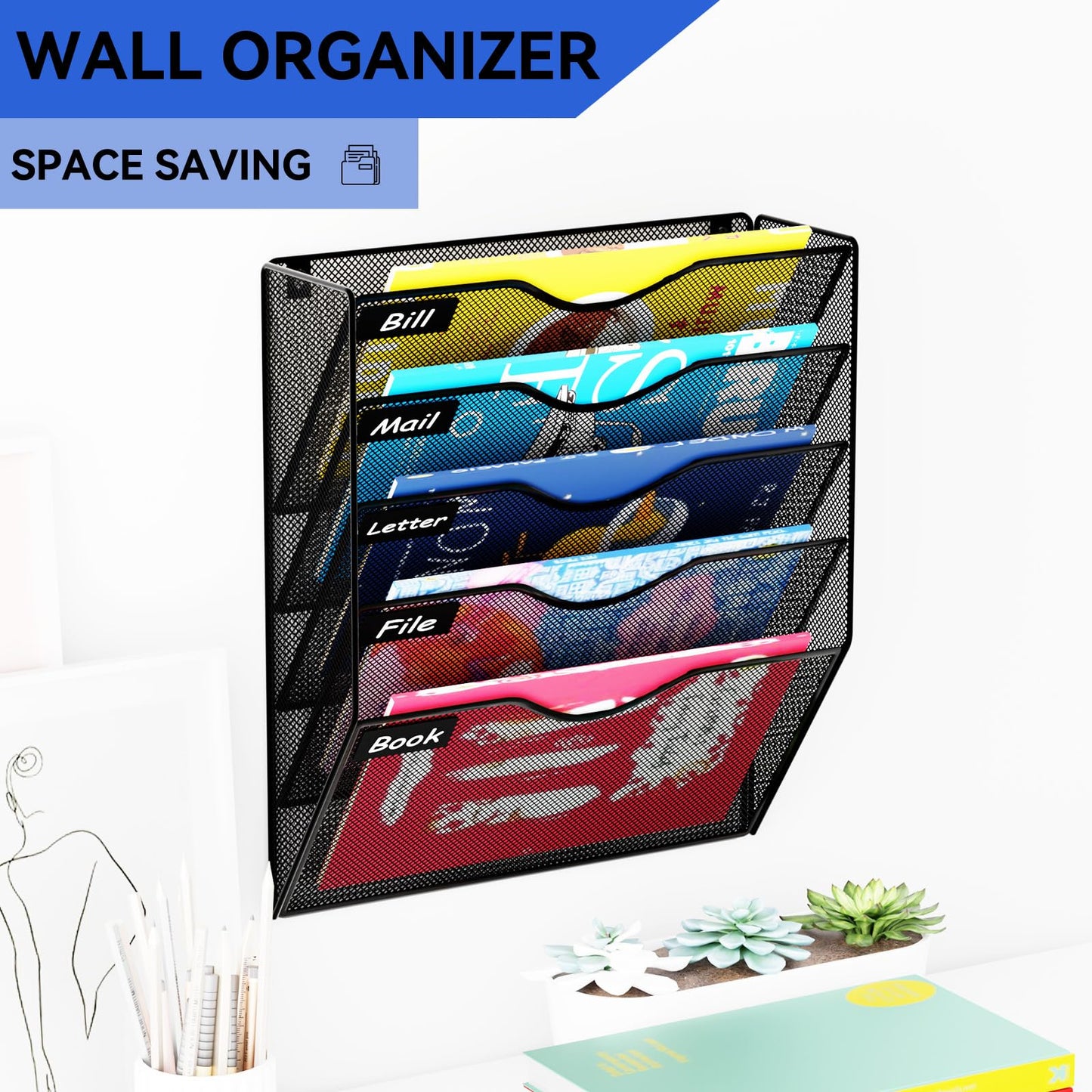 GDINDINFAN 5 Pockets Hanging Wall File Organizer Mail Holder, Wall Mounted Paper Document Folder Holder, Clipboard Storage Organization Magazine Rack, Black