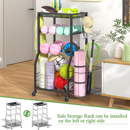 ThreeHio Home Gym Storage Rack, Dumbbell Rack with Yoga Mat Storage, Weight Rack Stand with Lockable Wheels and Hooks, Home Workout Equipment Organizer for Yoga, Dumbbell, Kettlebells, Ball Storage