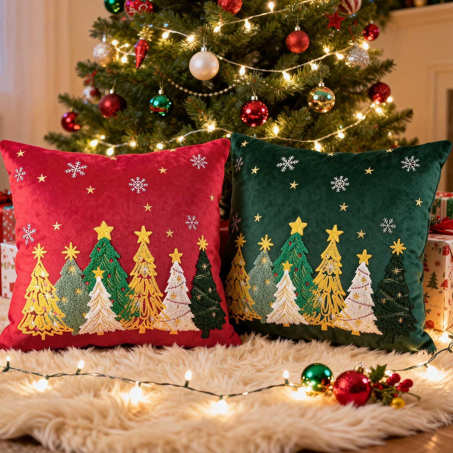 Lanpn 18x18 Christmas Pillow Covers Set of 2, Embroidery Cute Christmas Tree Decorative Holiday Pillowcase Pillow Case Cushion 18 x 18 for Indoor Home Bedroom Sofa Couch Xmas Decor