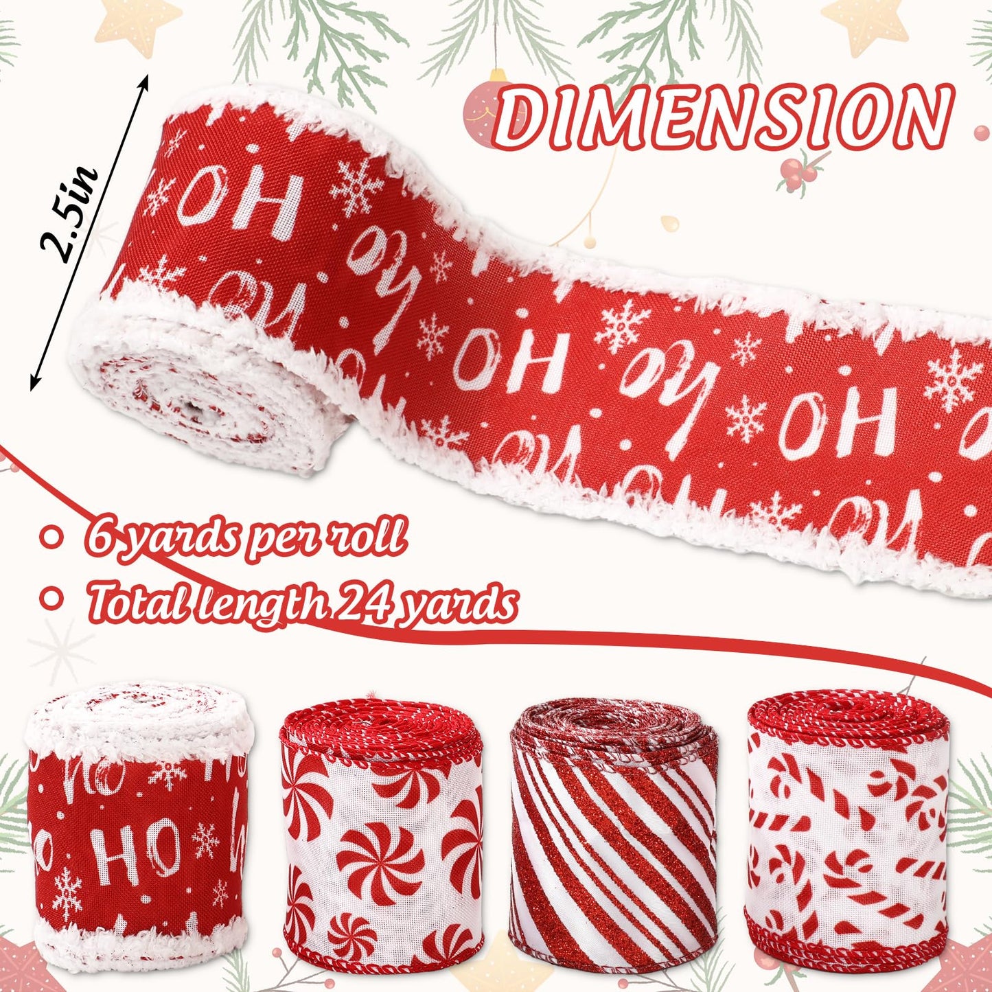 JarThenaAMCS Christmas Wired Edge Ribbon Peppermint Candy Craft Ribbons Pink White Candy Cane Stripe Fabric Ribbon for Wreath Bow DIY Wrapping Party Decor, 4 Rolls, 24 Yard