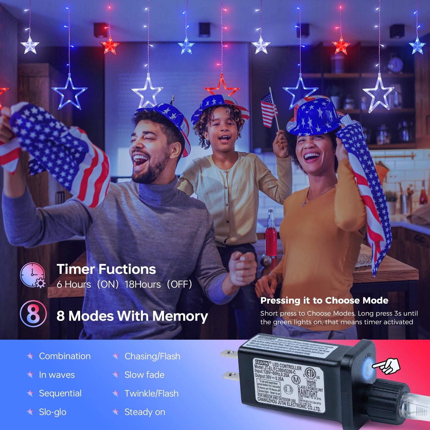 MYGOTO 4th of July Patriotic Star Icicle Lights,8.2ft 126LED red White and Blue Curtain String Waterproof, 8 Modes with Timer Connectable Independence Day Decorations Window Lights for Outdoor Indoor