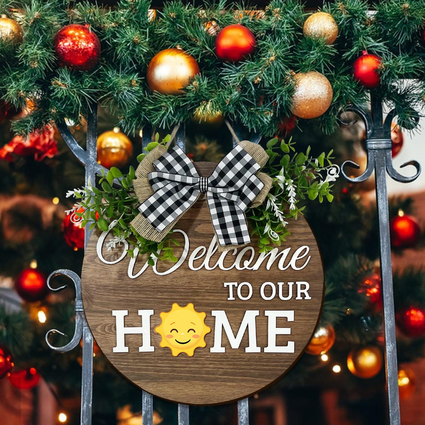 VPDTVK Interchangeable Seasonal Welcome Sign Front Door Decoration, Rustic Round Wood Wreaths Wall Hanging Outdoor Decor for Spring Summer Autumn and Winter All Seasons Holiday Halloween Christmas