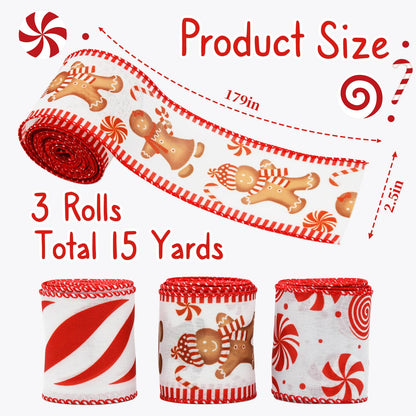 CRAFLOX Christmas Gingerbread Wired Ribbon for Wreath Bows, 3 Rolls, 2.5″ Wide, 15 Yards Total, Red Gingerbread Candy Wired Ribbon for Crafts Supplies, DIY Bows
