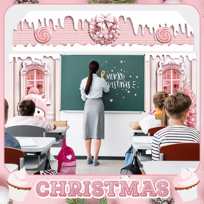 HunnmingRe 3 Pcs Christmas Gingerbread House Decorations Gingerbread Door Covers Backdrop Christmas Door Banners for Xmas Holiday Party Photography Photo Background Decor(Pink Style)