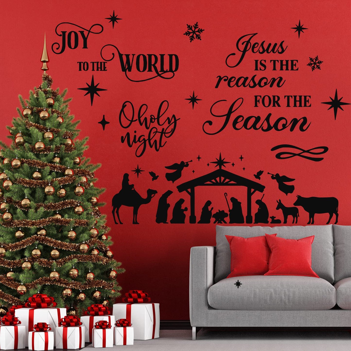 3 Pcs Nativity Scene Decor Stickers Christmas Bible Quotes Christian Vinyl Wall Decal Set Jesus is The Reason for The Season Bible Verse Wall Decals Joy to The World Stickers for Home