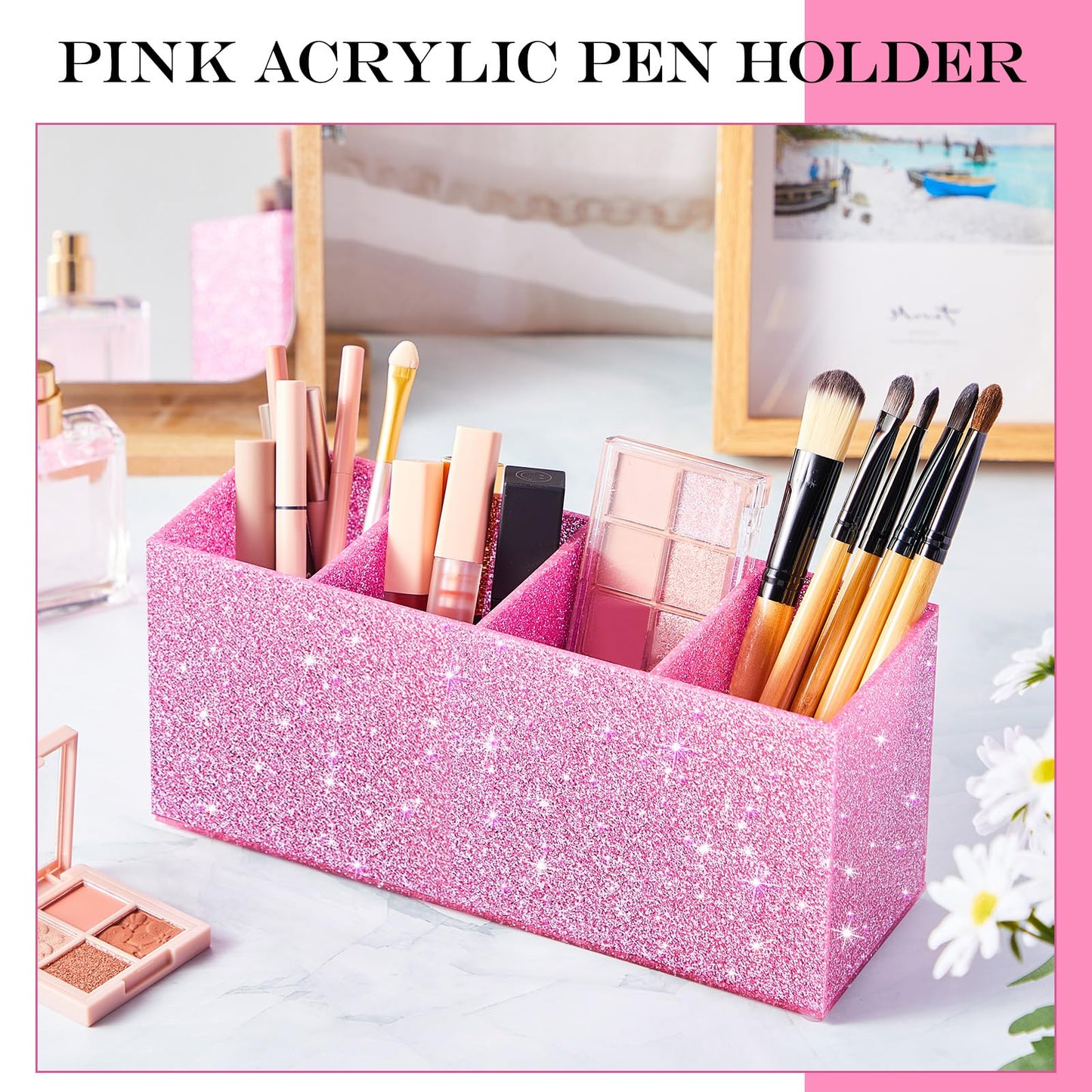 Jetec Acrylic Glitter Pen Holder 4 Compartments Bling Makeup Brush Stationery Organizer Pencil Holder for Desk Accessories Sparkly Gifts for Women Birthday Valentines Desktop Workplace Office(Pink)