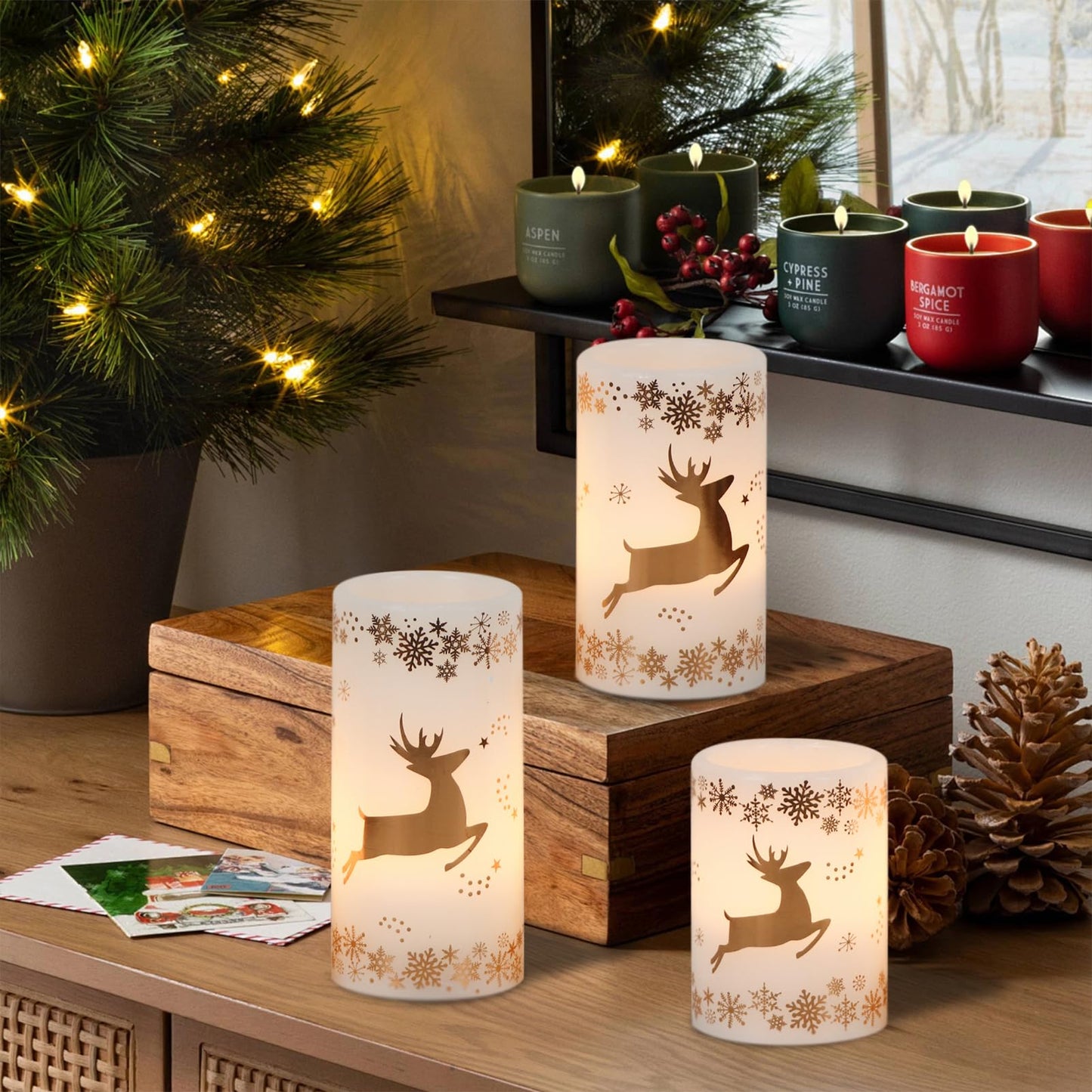 GenSwin Christmas Flameless LED Flickering Candles, Real Wax, Gold Deer, 3 Pack Pillar Fake Candles for Winter Indoor Fireplace Decor (D3' x H4'5'6')