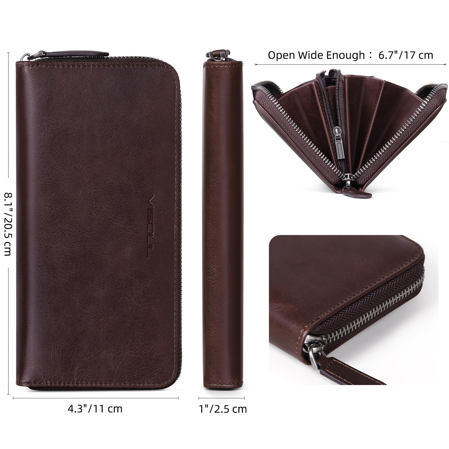 VISOUL Leather Long Zipper Pouch Wallet for Men and Women with RFID Blocking, Large Clutch Cash Long Wallet with Zipper (Coffee)