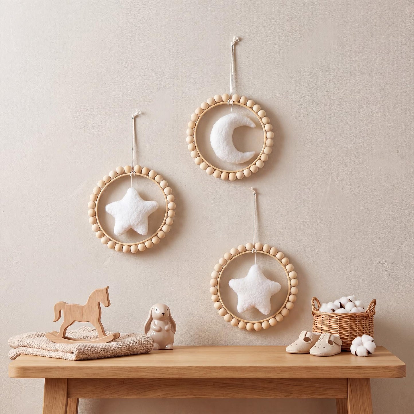 Wenqik 3 Pcs Boho Moon and Stars Wall Decor Nursery Wall Decors Wooden Bead Garland with Felt Centerpieces for Nursery, Farmhouse Style Hanging Decoration