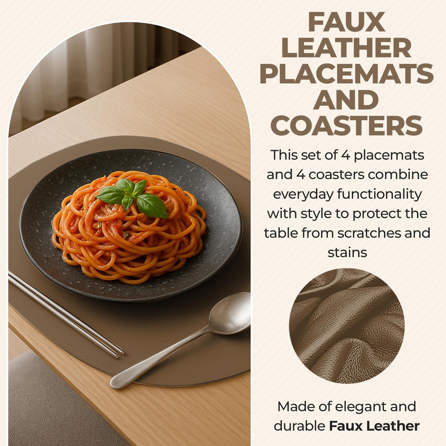 CaSail Faux Leather Placemats and Coasters - Set of 4 Round Modern Havana Table Mats for Dining - Heat Resistant, Waterproof & Non Slip Place mat for Indoor & Outdoor - Wipeable for Easy Care